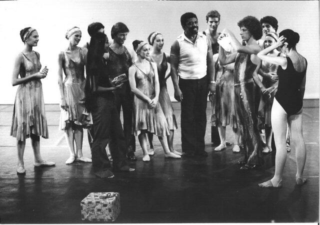 Members of the Bat-Dor Dance Company presenting Alvin Ailey and Mari Kajiwara with a gift before opening night.